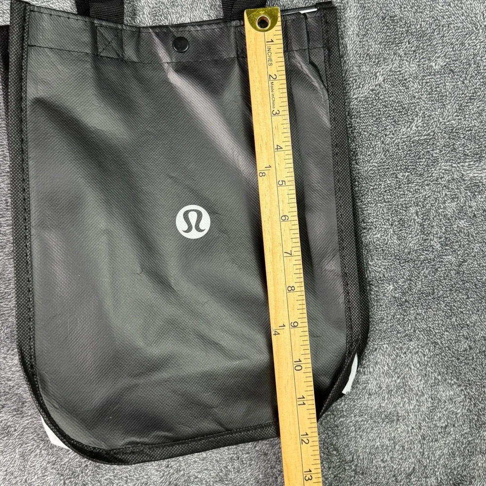 Lululemon Small Reusable Shopping Tote Bag Black White Logo Snap Closure